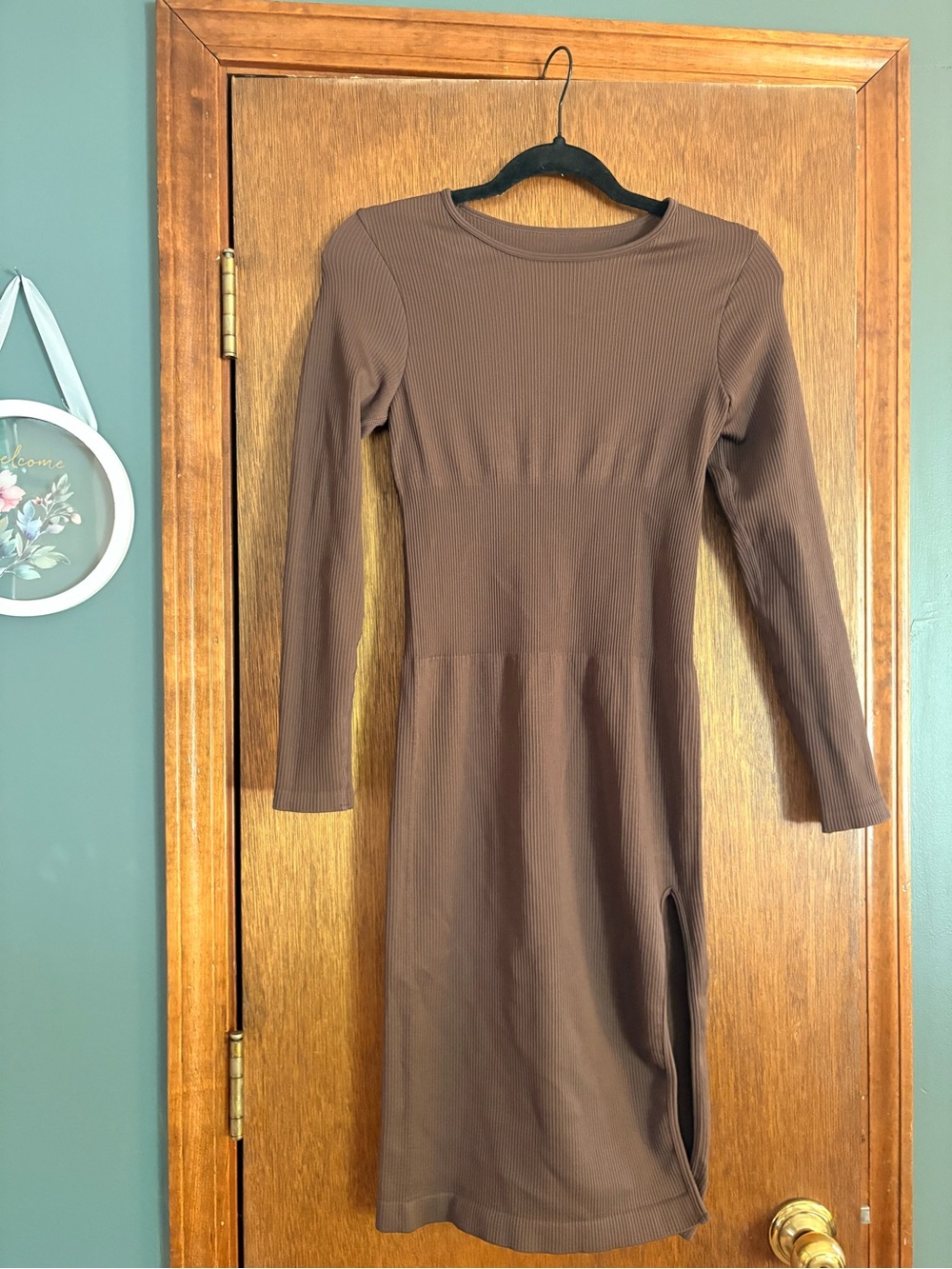 Brown Form Fitting Long Sleeve Ribbed Midi Dress (Very Soft)